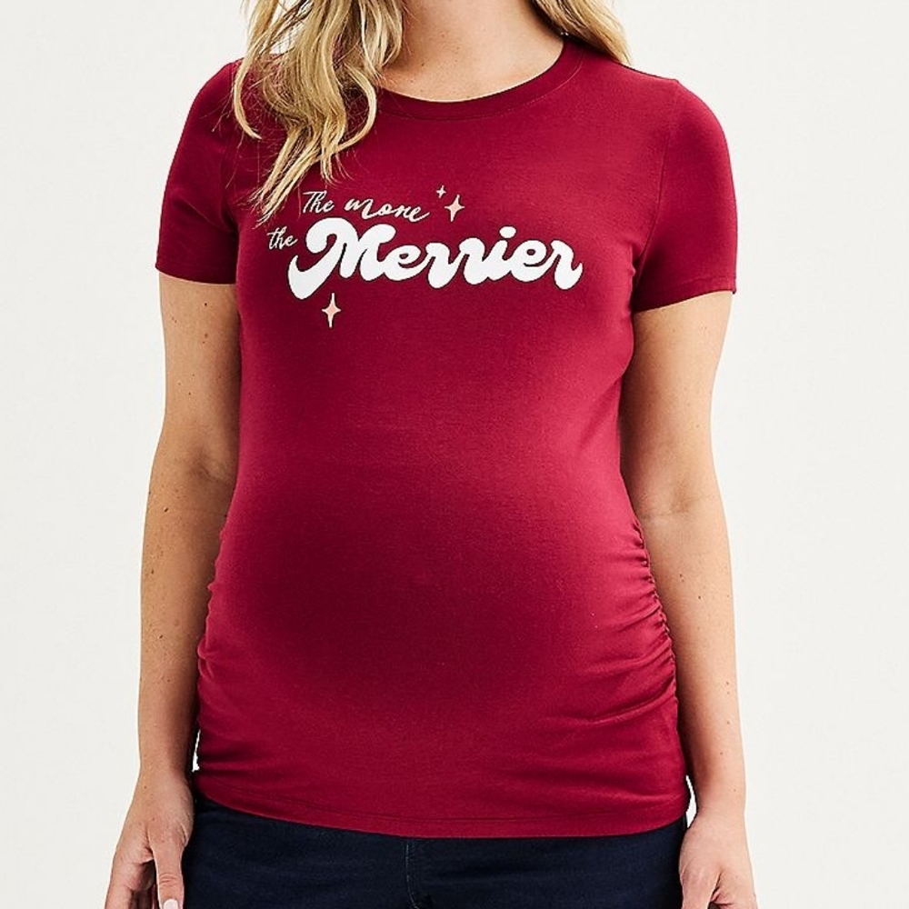 Maternity Sonoma  Fitted Crewneck Graphic Tee "The More The Merrier" Large Mater